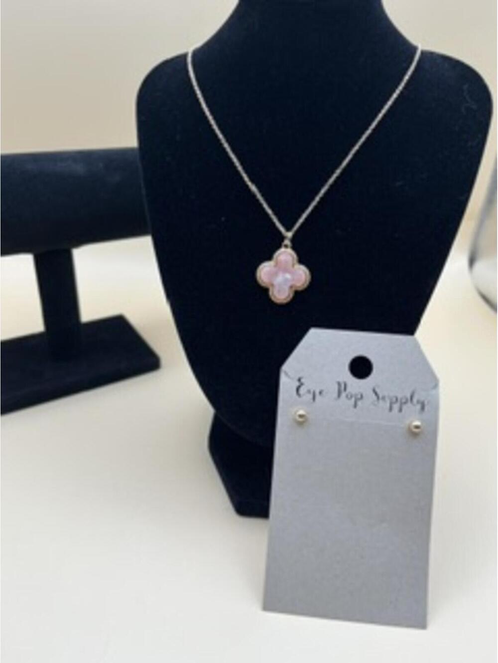 Pink Clover Pendant Necklace with Matching Stud Earrings